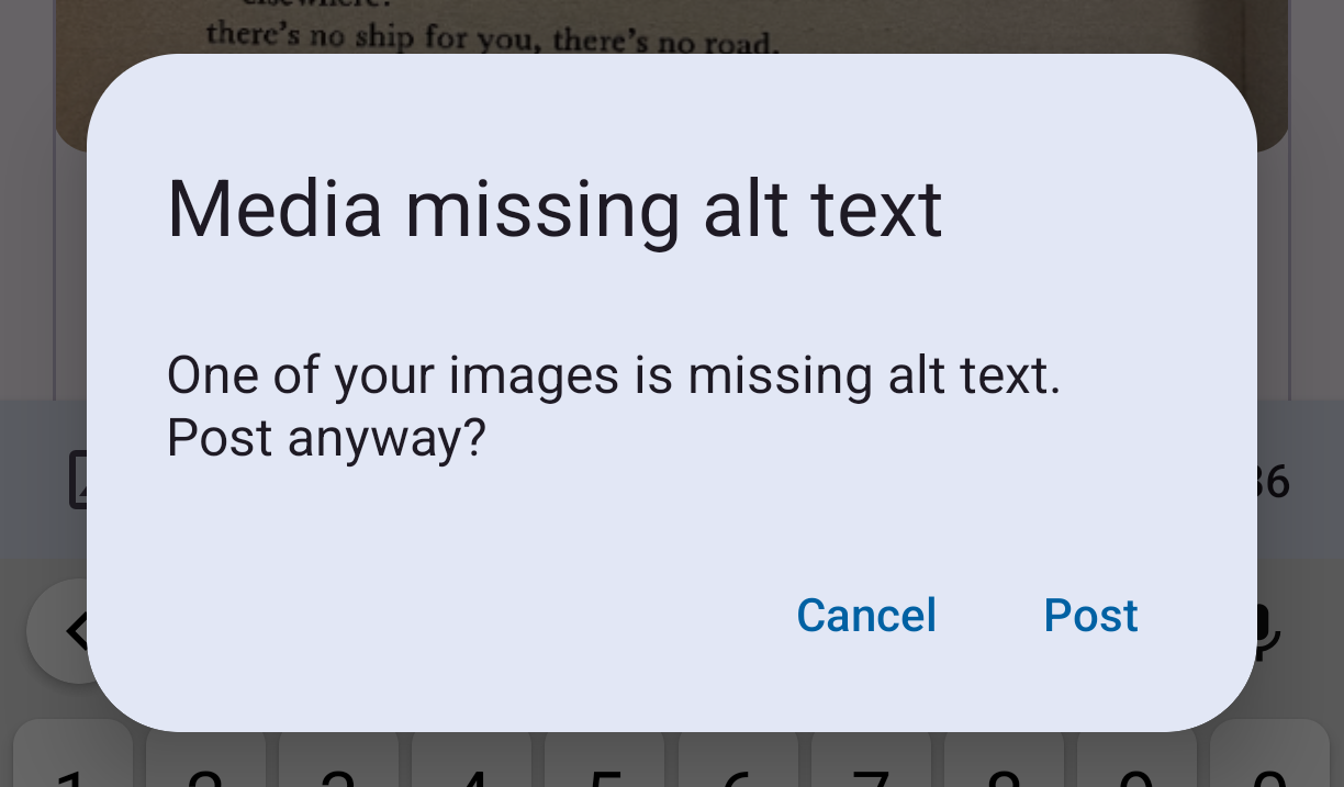Notification for posting without alt text on Mastodon on Android